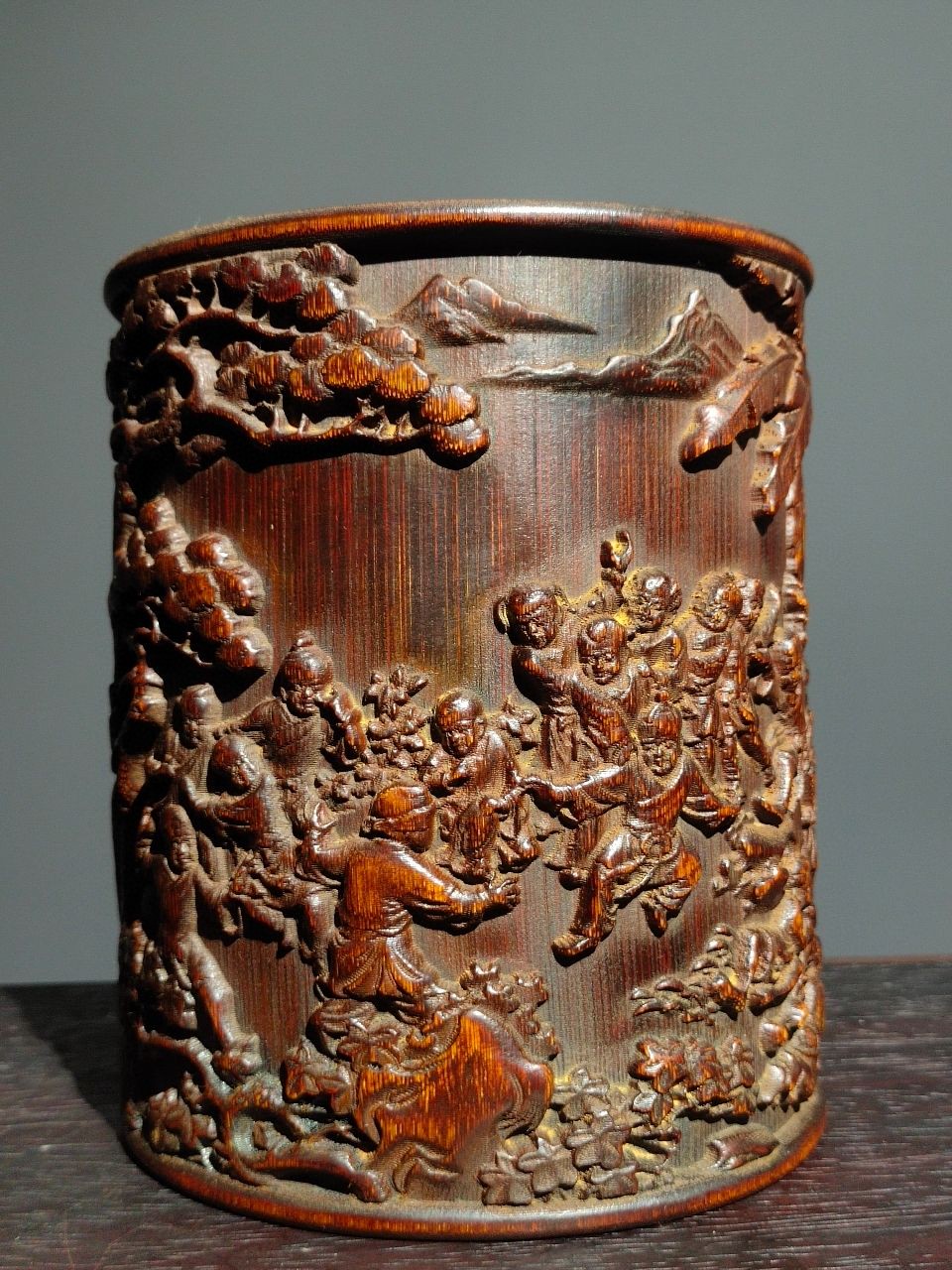 【西】L008 中国古玩 竹造 細密彫刻 筆筒 唐物