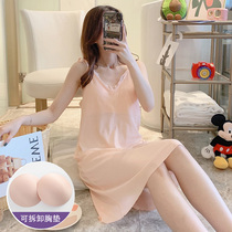 Harness Sleeping Skirt Woman Summer Pyjamas Cute Shrimp Powder With Chest Cushion Sexy Pure Cotton Shuttle Woven Mesh Red Thin woman Home Residence Dress