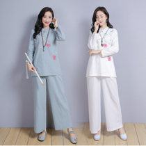 Jushi Suit Buddha Autumn and Winter Zen White Tea Clothing Meditation Yoga Meditation Women Cotton and Linen Embroidery Tea Artist Clothing