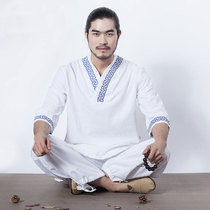 Improved Hanfu mens suit ancient style cotton and linen Chinese style mens autumn Zen tea clothing meditation home clothing linen Zen clothing
