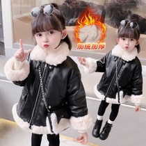 Girls plus fleece leather jacket winter childrens net red hot motorcycle clothing baby girl 2021 new Korean version of the coat trench coat