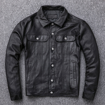 Spring and Autumn leather leather mens short head layer goatskin lapel denim buckle motorcycle leather jacket leather jacket