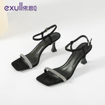 Isaq black sandals womens summer summer high heel rhinestone sexy slim open-toed square toe small ck womens shoes
