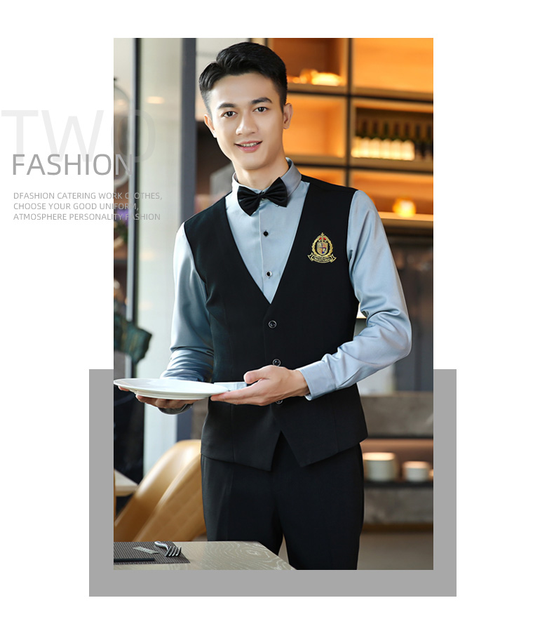 西餐厅服务员工作服秋冬装长袖假两件马甲衬衫自助餐饮饭店加棉