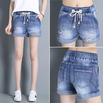  Elastic waist denim shorts womens summer thin new Korean version of high waist embroidery 2021 wild loose thin hot pants women