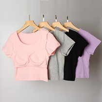 Female summer cotton with chest pad navel half sleeve T-shirt Cup high waist half short short sleeve yoga underwear base shirt