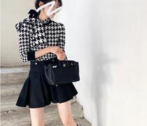 Bow lace-up trim chigzag waist wool sweater full wool high waist slim black skirt skirt pants