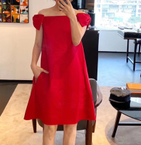 Spot Li factory this touch red collar off the shoulder white bow wool fabric dress small red skirt