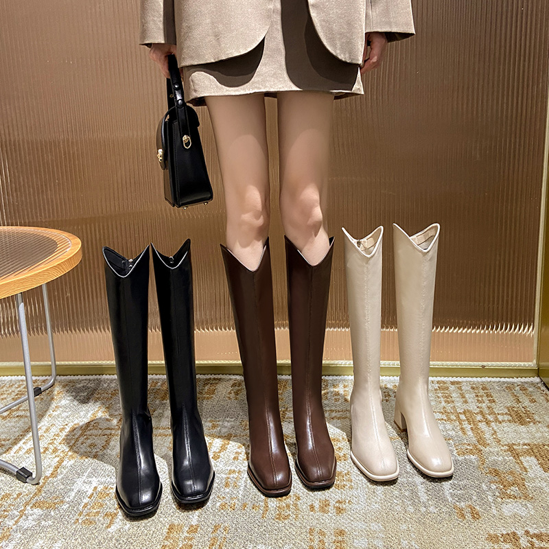 2023 new elastic square head coarse heel V mouth long cylinder boot female rear zipper display slim but knee high cylinder rider long boot-Taobao