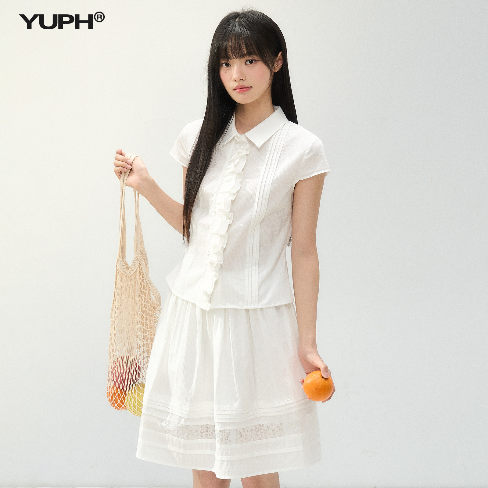 YUPH学院风短袖衬衫裙风琴褶收腰A字裙少女感白色百搭套装宽松短袖学院风套装2025夏季时尚两件套