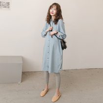 Pregnant shirt autumn shirt cowboy top Korean long shirt early autumn loose tide mom autumn dress for pregnant women