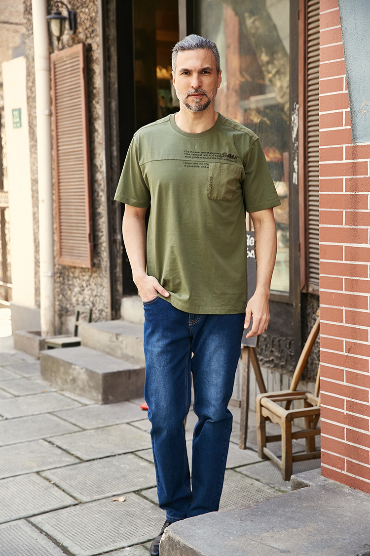 圆领中老年人男短袖t恤 宽松加肥加大码有口袋中年爸爸装夏季体恤