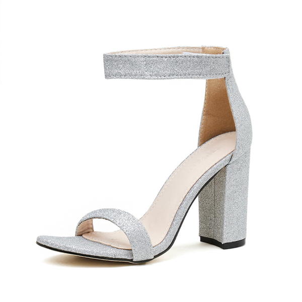 New silver one word sandals with thick heels in 2020 summer
