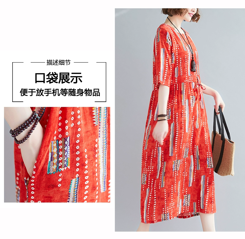 Váy vải cotton và vải lanh giữa tay áo mỏng rời tay áo năm điểm ren váy dài giữa mùa hè 2021 quần áo phụ nữ mới cộng kích thước mùa hè - Váy dài