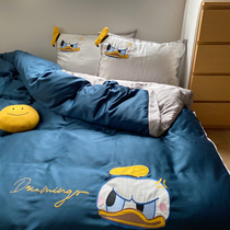 (Toyama Strawberry) 60 double-sided Tencel Donald Duck wear blue four-piece cartoon ice silk quilt cover sheets
