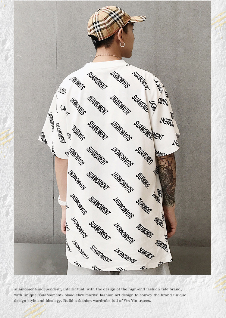 suamoment爪痕满印字母logo情侣短袖t恤男女宽松五分袖tee国潮牌_双氙