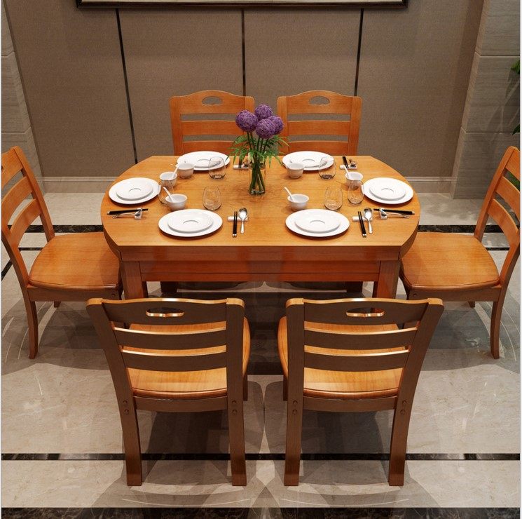 实木餐桌椅组合伸缩多功能折叠圆桌餐厅橡木餐椅圆形家用吃饭桌_7折