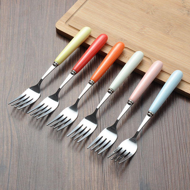 色彩陶瓷柄不锈钢主餐叉 甜品叉蛋糕叉 西餐叉子牛排叉水果沙拉叉_7折