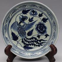 Daming Xuande monochrome glaze blue and white phoenix peony pattern plate antique antique factory goods old goods ancient porcelain collection ornaments