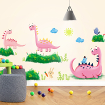 Cute pink dinosaur wall stickers childrens room bedroom decorations personality cartoon kindergarten wall arrangement stickers