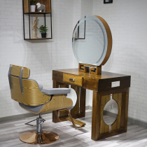 Retro fashion barber shop mirror table Hair salon mirror with lamp double-sided solid wood desktop hair cutting mirror table dedicated to hair salon