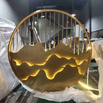 Stainless Steel Round Screen Custom Partition Hotel Lobby Decoration Grilles Round Landscape Painting Fake Mountain Background Wall