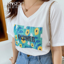 Lan Ruoshui large-yard women's fat MM summer loose and loose Korean print sequins short-sleeved T-shirts covering their belly and meat tops