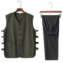 Summer cotton numb old coarse cloth Tangclothing male mandarin vest waistcoat Grey Vest Old Mans jacket pants Two sets