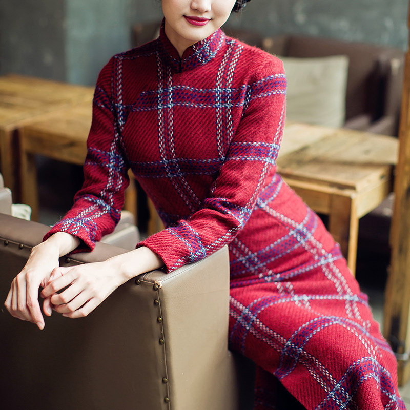 唐之语秋冬季复古格子羊毛呢优雅冬装中长款民国老上海旗袍裙思敏_5折