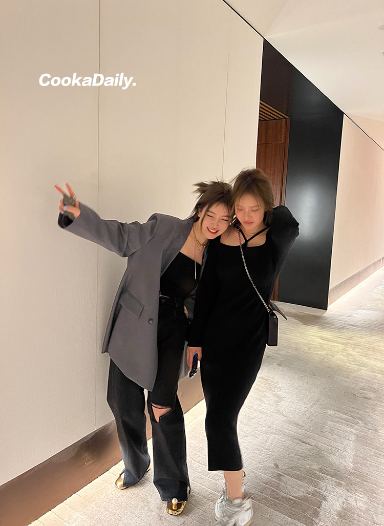 cookadaily_帅痞黑灰破洞开叉高腰牛仔裤春季女宽松直筒拖地裤子