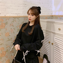 Autumn large size fat mm belly cover thin top Korean version loose bow black long-sleeved sweater women 2020 new