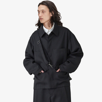 GAOSTUDIOS Black Japanese Strap Jacket Mens Casual Plain Multi-Pocket Loose Simple Short Coat