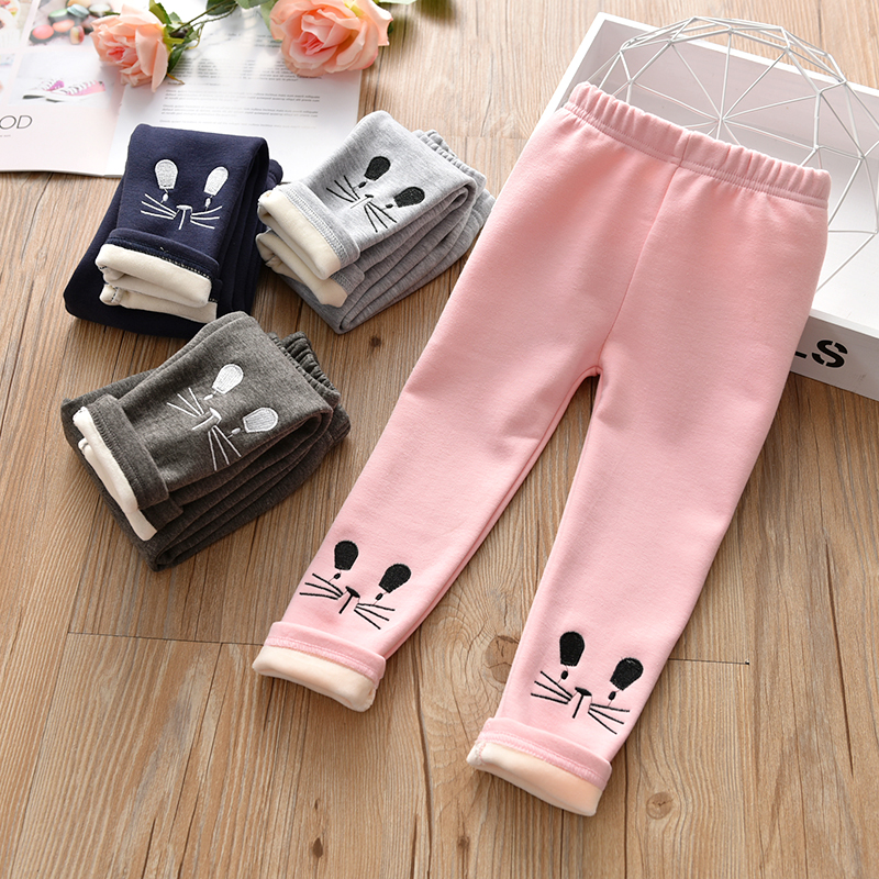 Child Clothing Plus Suede Pants 2021 Winter Plus Suede New Pines Female Baby Kitty Embroidered Inner Lap Pants Small Girl Trousers