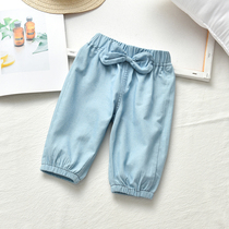 Girls thin summer jeans 2022 new female baby casual pants in child Butterfly knot 7 pants