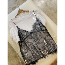 Brand Discount Clear Cabin Womens Clothing Small Crowd Trendy Fake Two Lace Harness Loose Curl Pure Cotton T-shirt Woman Summer