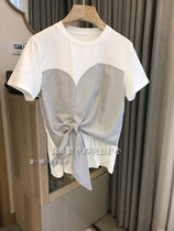 Brand Discount Mall Withdrawal of Female Dress Foreign Trade Cut Mark Fake two-piece Splicing Stripe Downswing Knotted short sleeve T-shirt