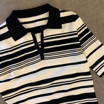 Brand Factory Discount Store Clear Goods Classic Ocean Gas Easy Flap Black & White Striped Polo Collar Short Sleeve Needles Jersey Woman