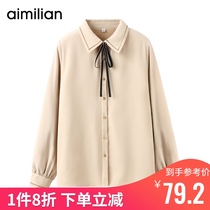 Amy love white Chiffon shirt womens long-sleeved new spring and autumn bow temperament top design niche shirt