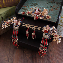 2018 new bridal costume headdress Xiuhe kimono tassel stride red retro wedding hair jewelry set