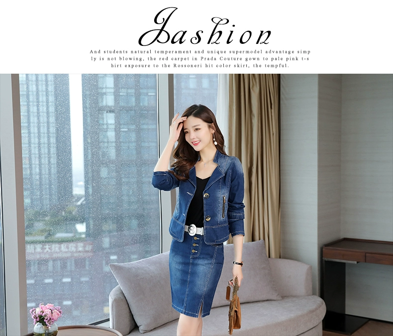 Phụ nữ mùa xuân mới 2021 áo khoác denim dài tay Hàn Quốc nữ túi đeo hông váy ngắn hai mảnh phù hợp với váy - Bộ đồ