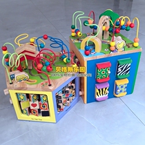 Wooden multifunctional round beads treasure chest four-sided puzzle early education children beaded counting matching wooden toys