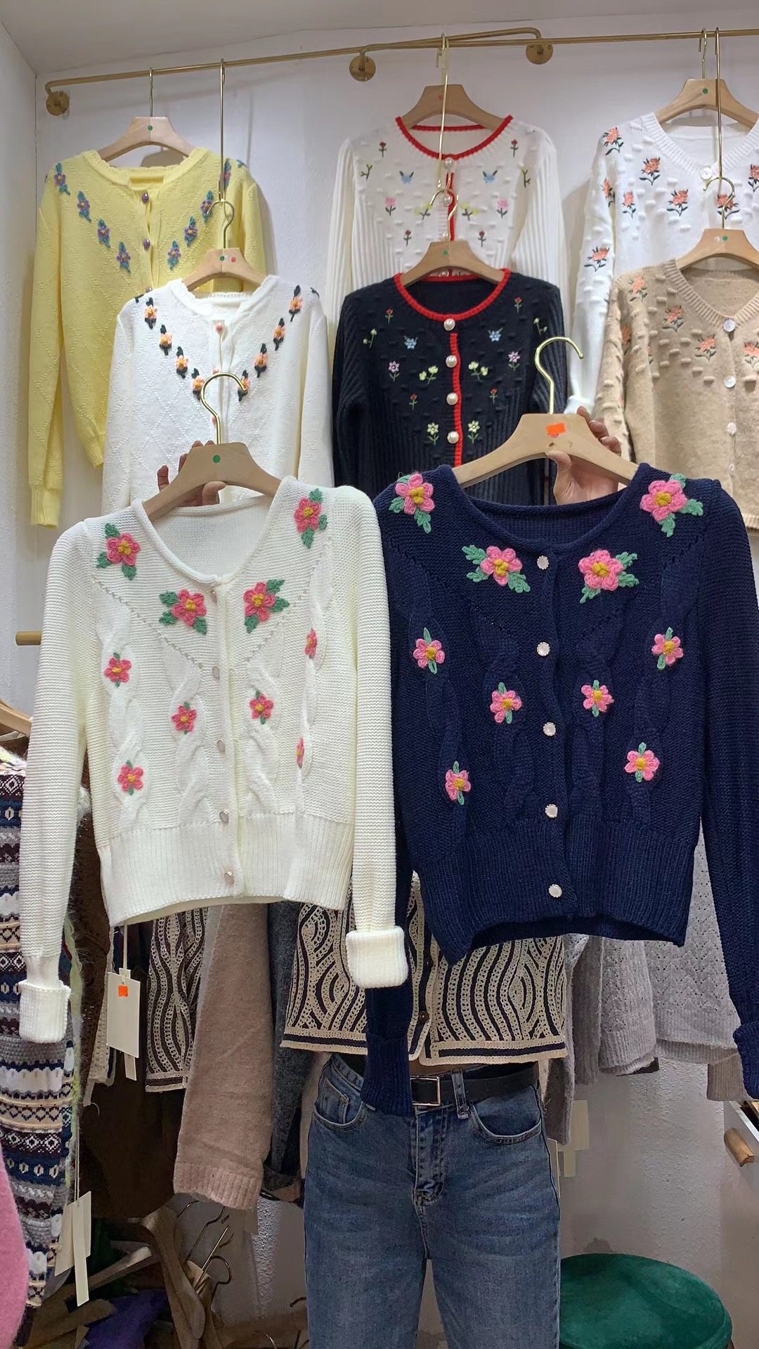 韩国东大门新款复古浪漫甜美钩花立体刺绣花朵毛衣开衫外套