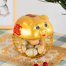 Ceramic golden pig decoration storage basket Egg basket Wrought iron storage basket Living room decoration creative lucky opening gift