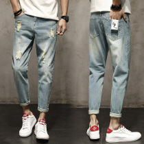 Tide Cards Spring Jeans Mens Breaking Holes Little Feet 90% Pants Day Ensemble Easy 100 lap Harun pants Korean version Trend Ins