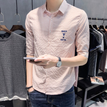 Tide 2022 Summer Short Sleeve Shirt Men Han Edition in Strip thin seven - point sleeve shirt