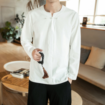 2021 spring and summer new Chinese style mens Chinese style cotton linen long sleeve T-shirt mens national vintage linen Hanfu top