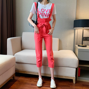 Denim strap pants suit candy color one-piece pants