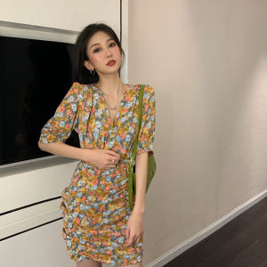 French retro waist show thin foam sleeve Floral Chiffon Dress