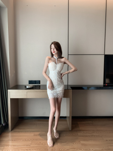 Fashion sexy white halter neckline lace dress