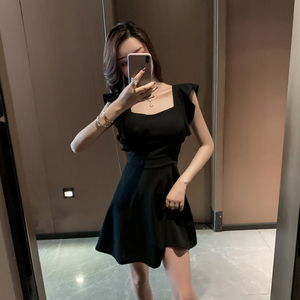 Korean Fashion Black waistband show thin sleeveless dress